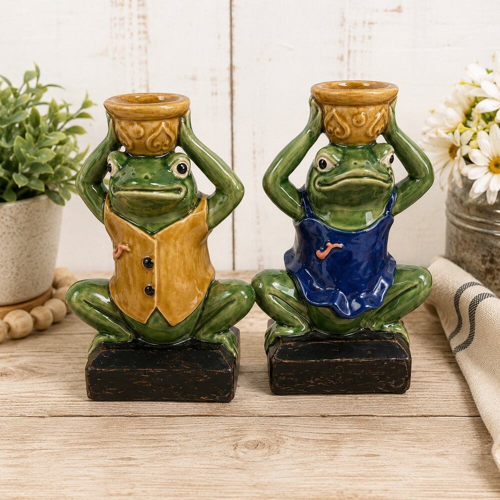 Vintage Ceramic Frog Candle Holder Pair